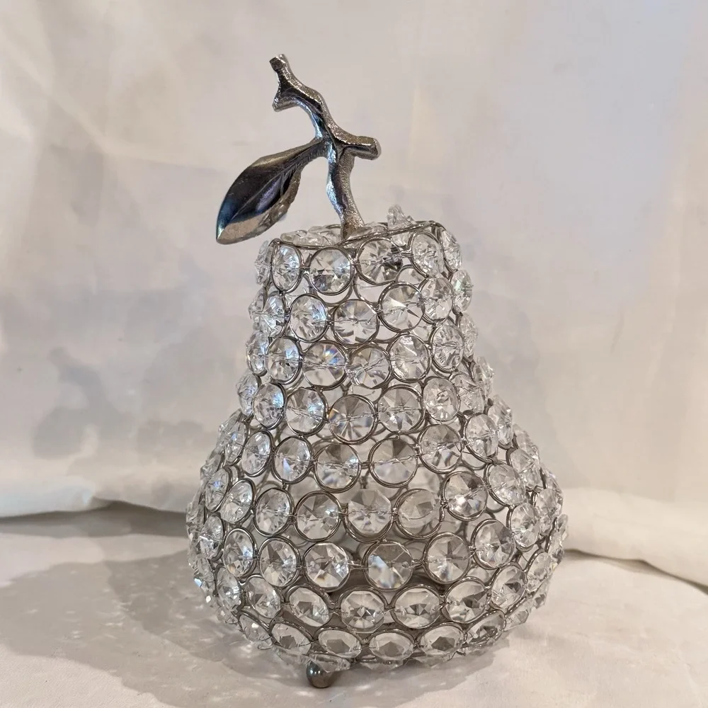 Vintage Crystal Pear Tea Light Candle Votive Cover MCM Fruit Decor Silver Accent